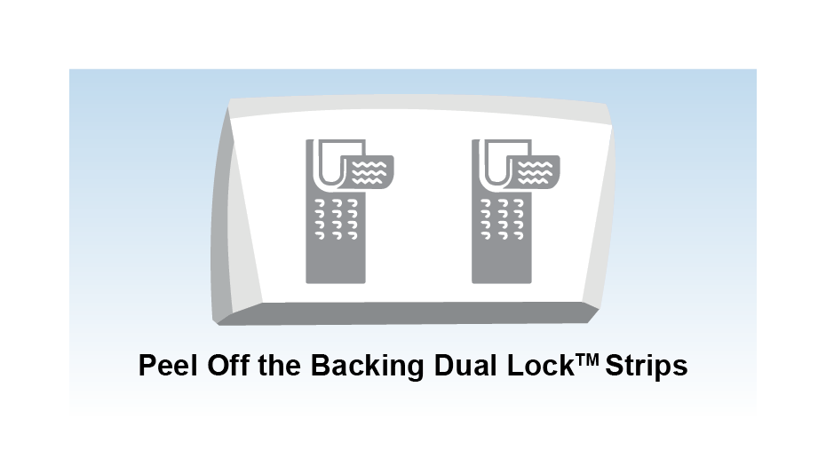 Rear of an E‑ZPass transponder showing two Dual Lock adhesive strips with backing to be peeled off.
